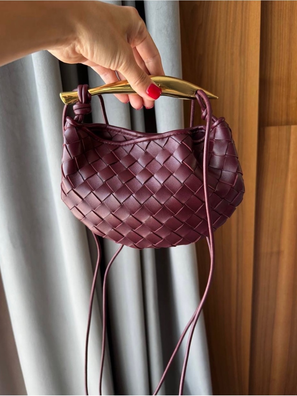 Woven Leather Mini Handbag in Burgundy with Gold Handle